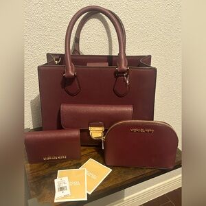 Michael Kors burgundy 3 piece matching set tote, wallet, cosmetic bag